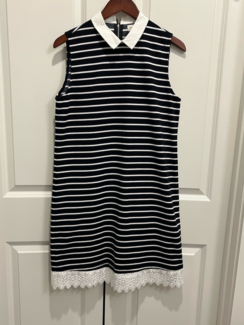Sleeveless Navy & White Large Striped Dress Collar Lace Nautical Preppy Cotton